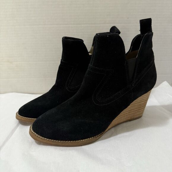 Blondo Waterproof Black Suede Leather Wedge Booties Ankle Boots 7.5 Boho Office - Picture 2 of 11
